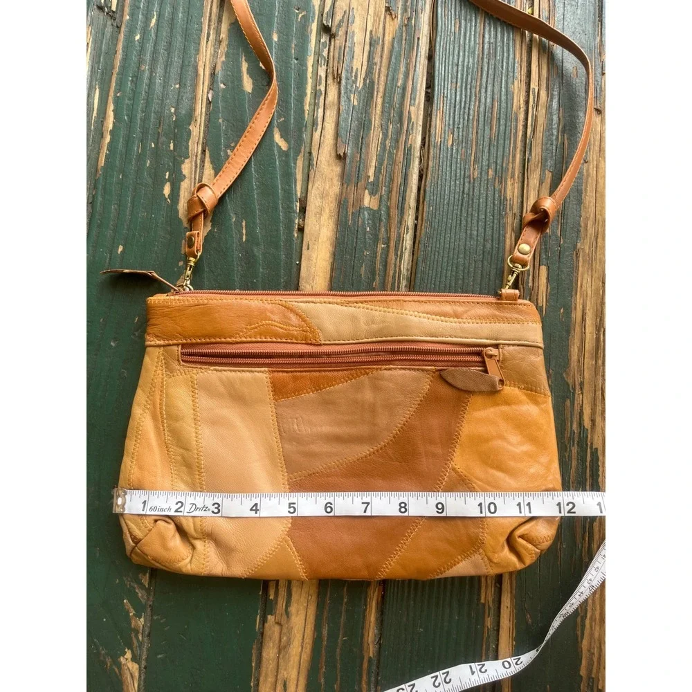 Vintage Leather Patchwork Crossbody Bag Tan Brown Multi Tone Boho Zip Shoulder